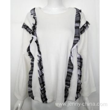 Plaid ruffle spliced white long sleeve fall hoodie